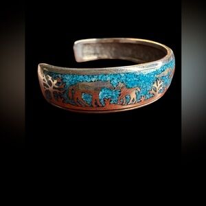 Vintage Sterling Silver Turquoise Chip Inlay Horse Scene Cuff Bracelet